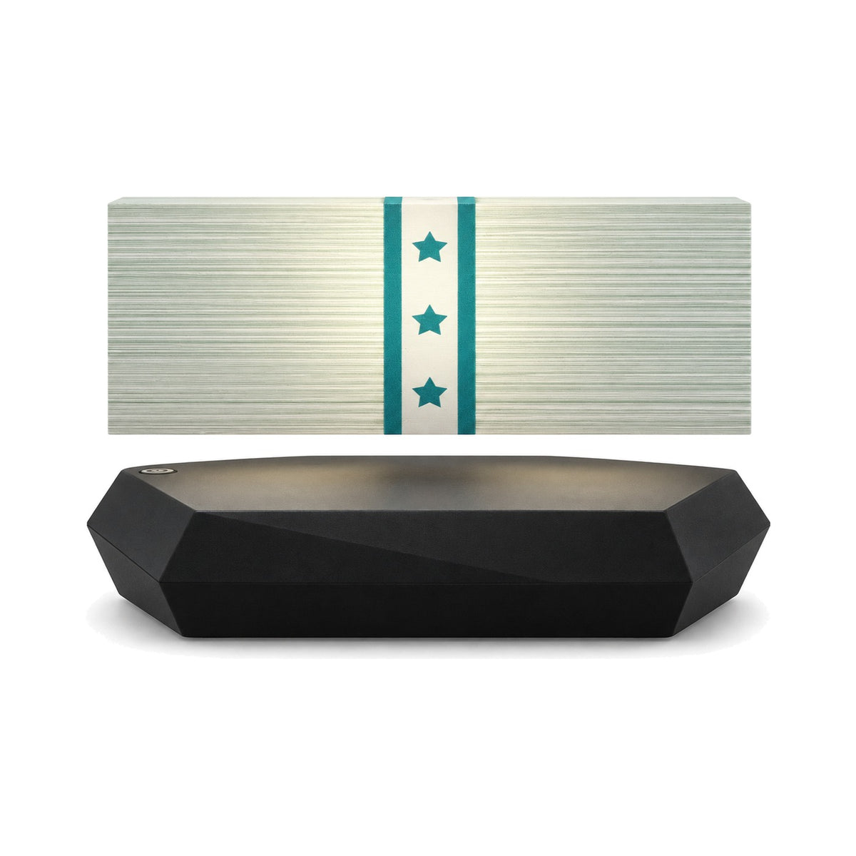Banknote stack lamp levitating above its black hexagonal base, front view