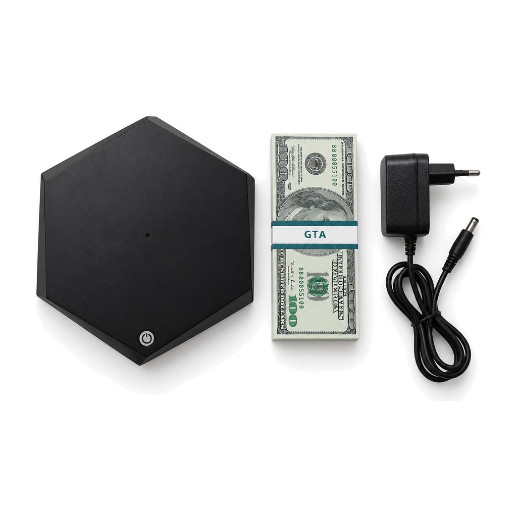 Box contents: hexagonal base, banknote stack, power adapter and cable