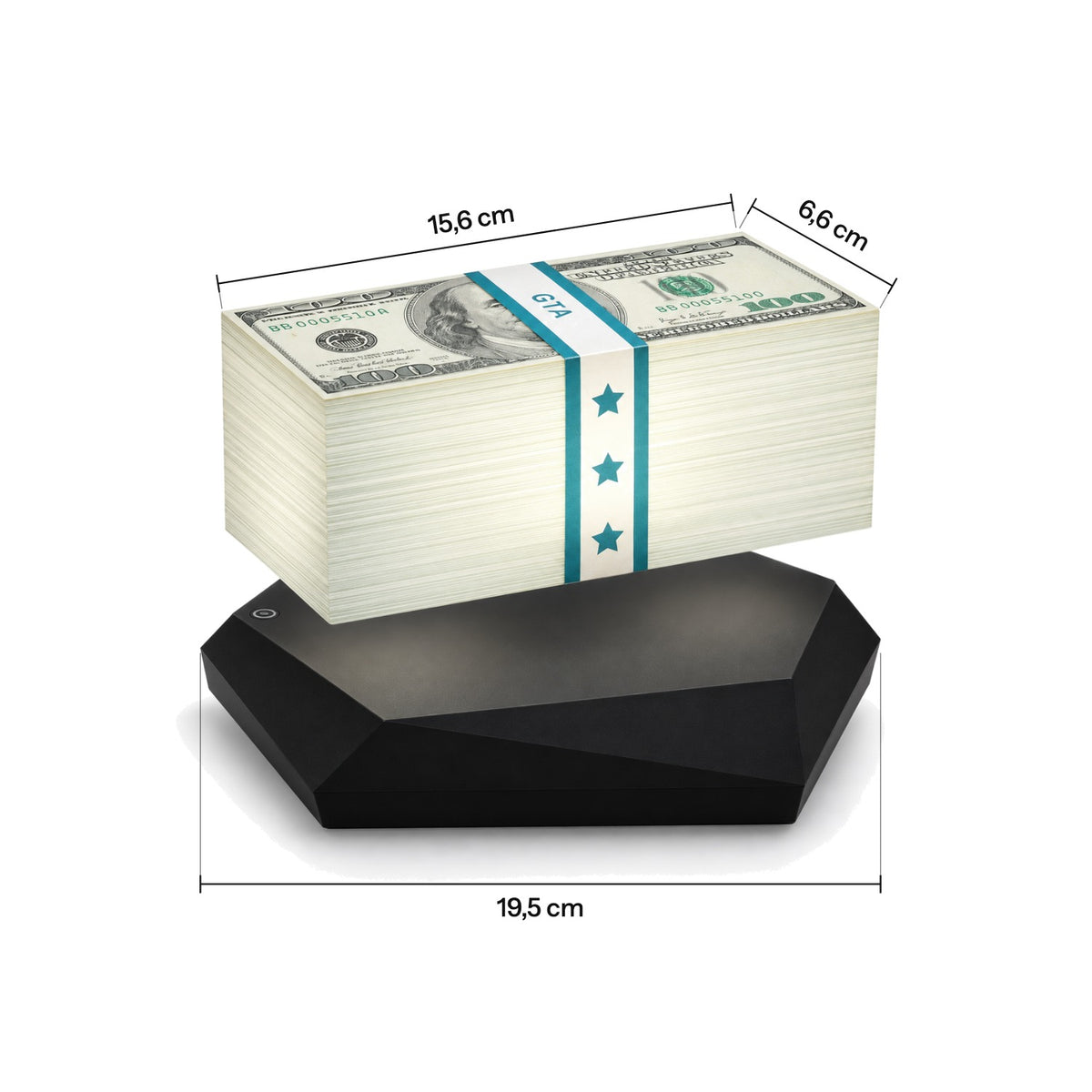Lamp dimensions: stack 15.6 × 6.6 cm, base 19.5 cm wide